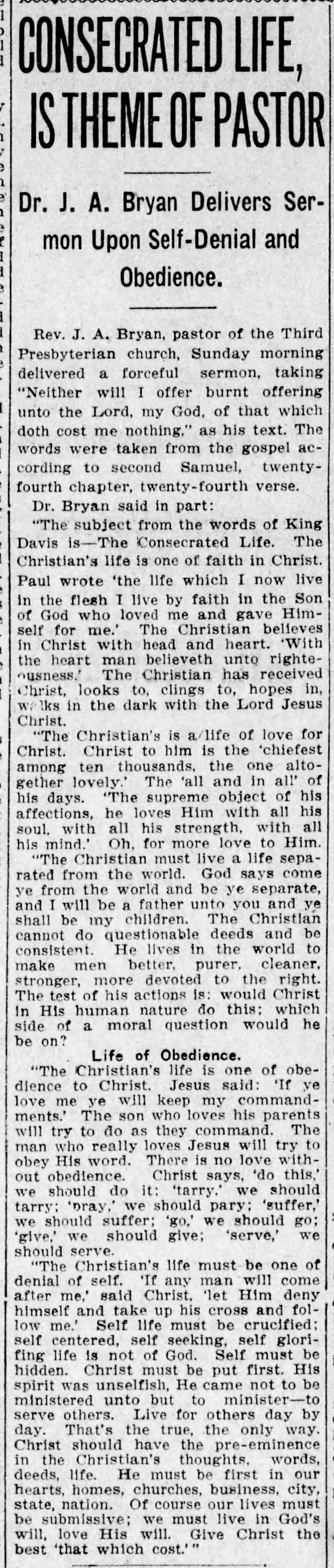 Consecrated Life, Is Theme of Pastor